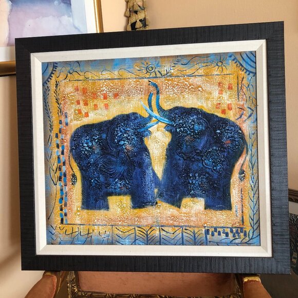 Charming & Colorful Bohemian Style Blue Elephants Artwork